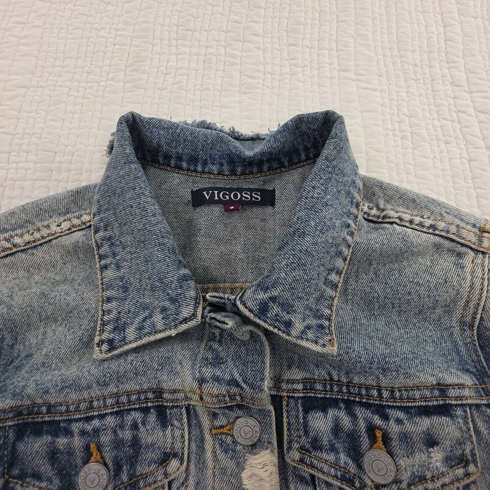 Vigoss Denim Biker Jacket Women's S Med Wash Distressed All Cotton J11880A EUC - Picture 4 of 14